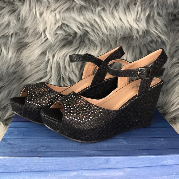 Open Toe Rhinestone Wedge Heels - Picture 2 of 7